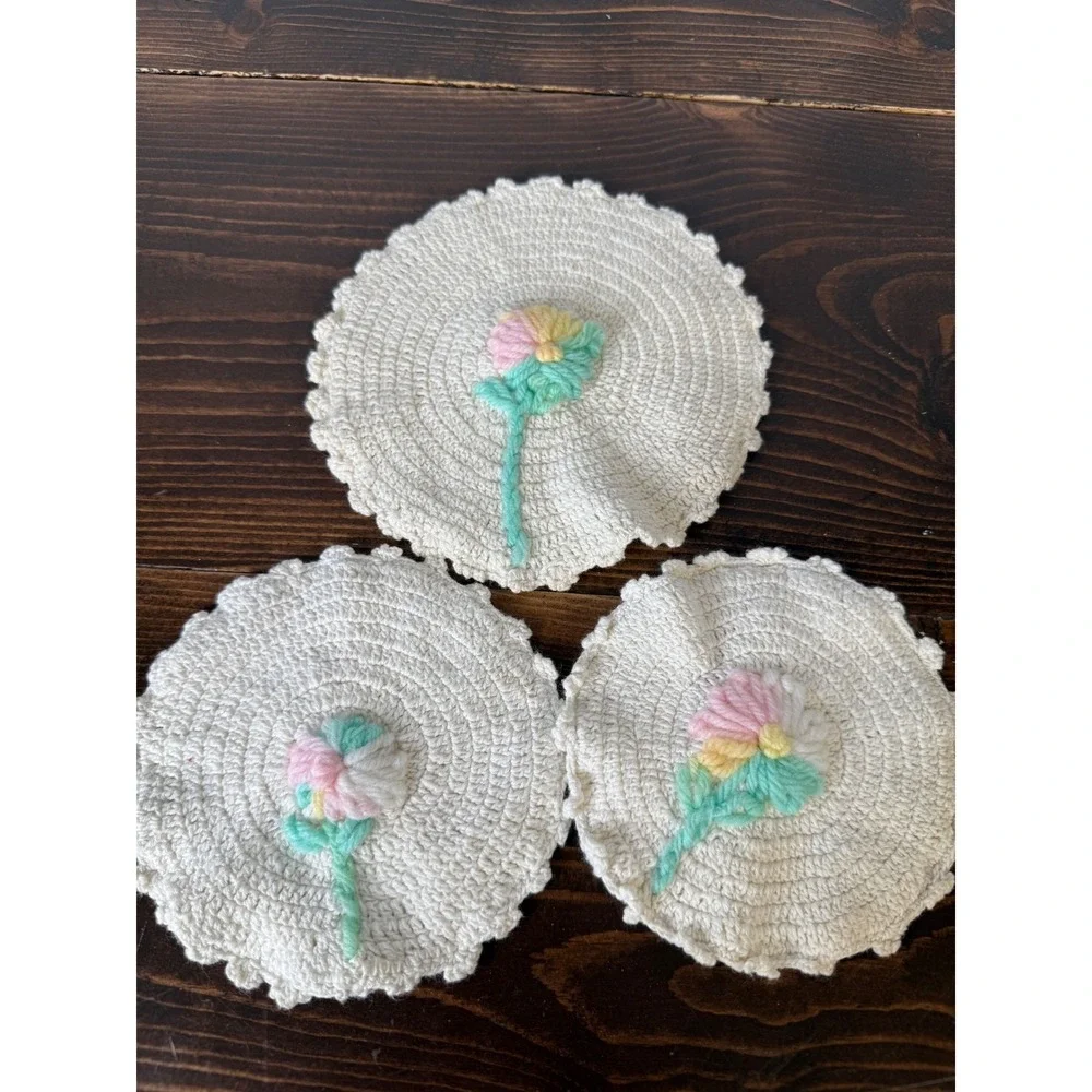Set of 3 Vintage Crochet Flower‎ Applique Coasters Cottagecore Farmhouse Decor
